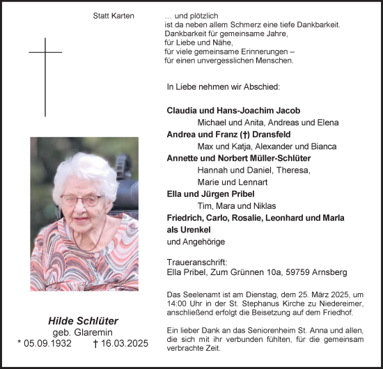 Traueranzeige von Hilde Schlüter von Tageszeitung