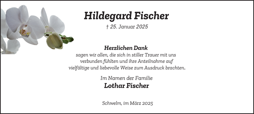  Traueranzeige für Hildegard Fischer vom 08.03.2025 aus Tageszeitung