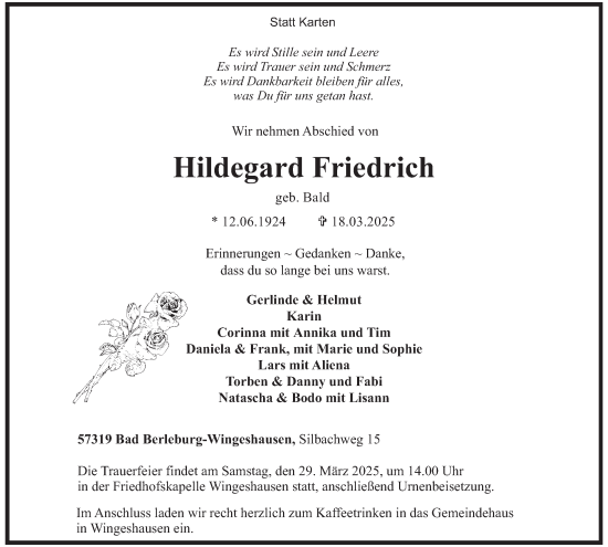 Traueranzeige von Hildegard Friedrich von Tageszeitung