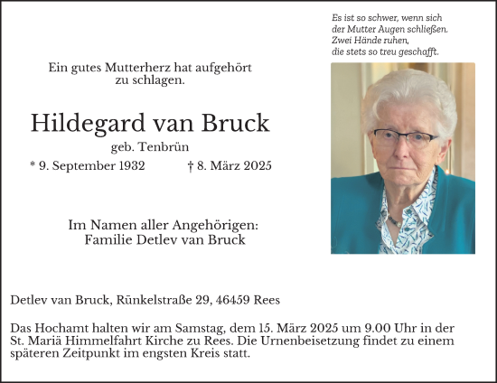 Traueranzeige von Hildegard van Bruck von Tageszeitung