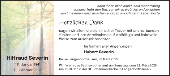 Traueranzeige von Hiltraud Severin von Tageszeitung