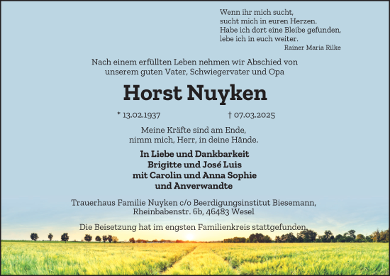 Traueranzeige von Horst Nuyken von Tageszeitung