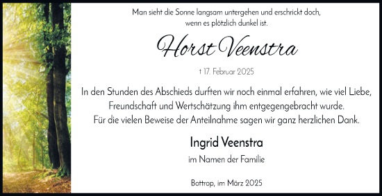 Traueranzeige von Horst Veenstra von Tageszeitung