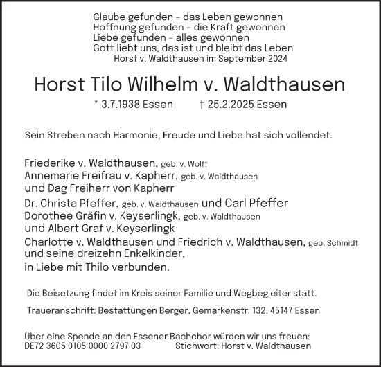 Traueranzeige von Horst Tilo Wilhelm v. Waldthausen von Tageszeitung