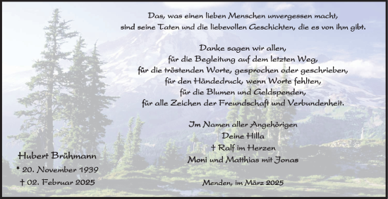 Traueranzeige von Hubert Brühmann von Tageszeitung