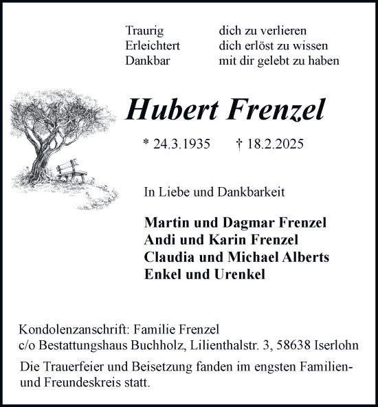 Traueranzeige von Hubert Frenzel von Tageszeitung