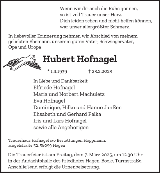 Traueranzeige von Hubert Hofnagel von Tageszeitung