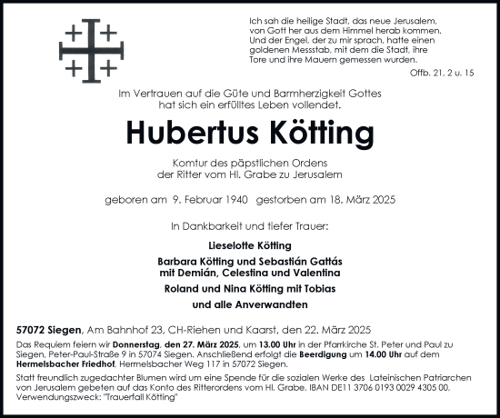Traueranzeige von Hubertus Kötting von Tageszeitung