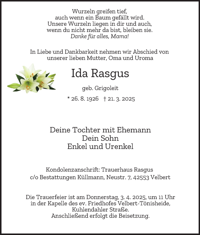 Traueranzeige für Ida Rasgus vom 29.03.2025 aus Tageszeitung
