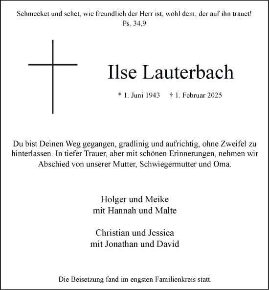 Traueranzeige von Ilse Lauterbach von Tageszeitung