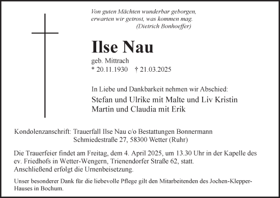 Traueranzeige von Ilse Nau von Tageszeitung
