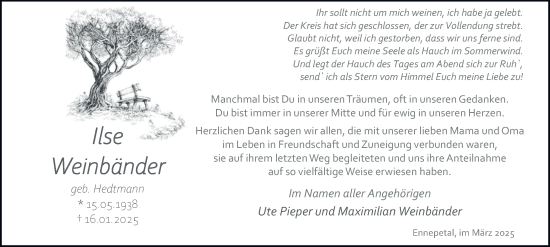 Traueranzeige von Ilse Weinbänder von Tageszeitung