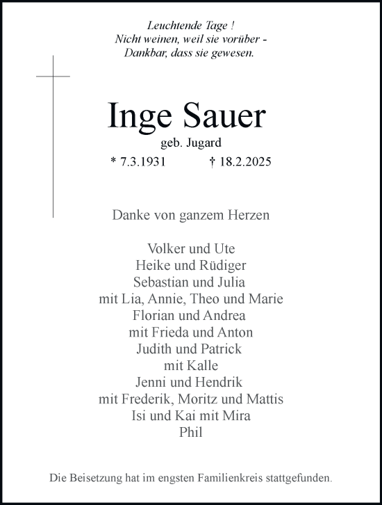 Traueranzeige von Inge Sauer von Tageszeitung