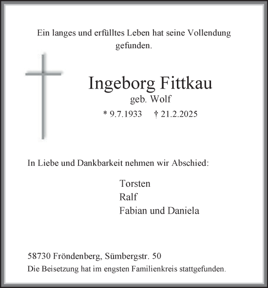 Traueranzeige von Ingeborg Fittkau von Tageszeitung