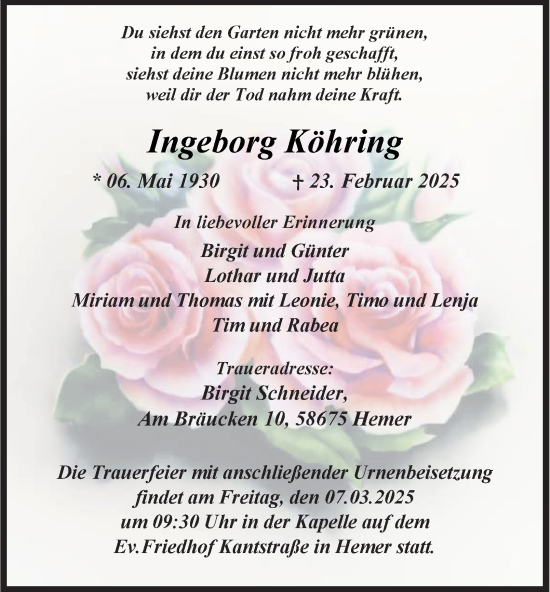 Traueranzeige von Ingeborg Köhring von Tageszeitung