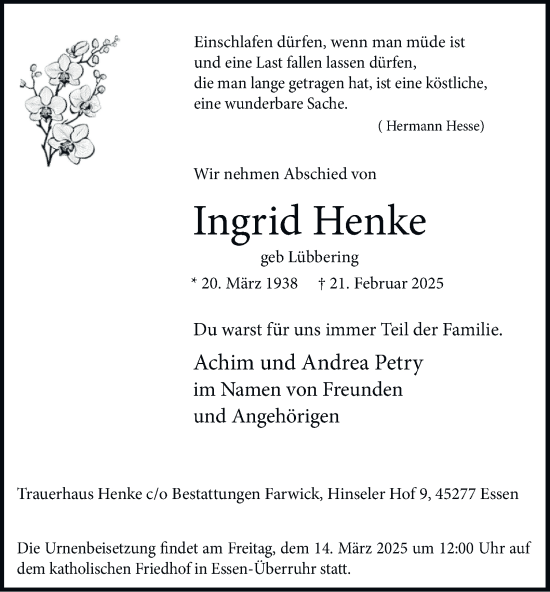 Traueranzeige von Ingrid Henke von Tageszeitung