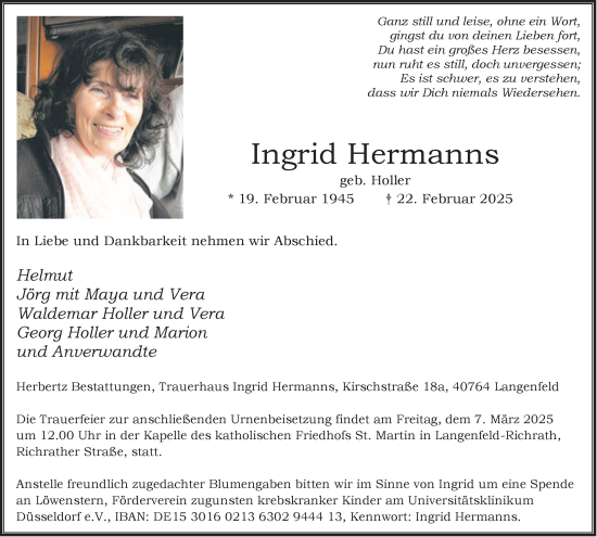 Traueranzeige von Ingrid Hermanns von Tageszeitung