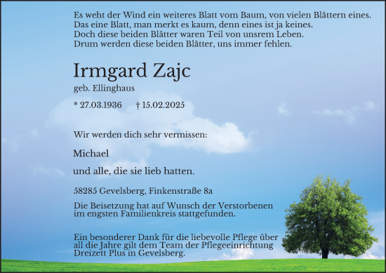 Traueranzeige von Irmgard Zajc von Tageszeitung