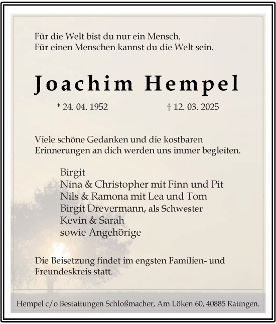 Traueranzeige von Joachim Hempel von Tageszeitung