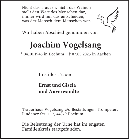 Traueranzeige von Joachim Vogelsang von Tageszeitung