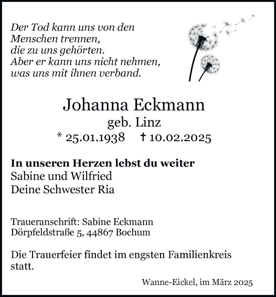 Traueranzeige von Johanna Eckmann von Tageszeitung