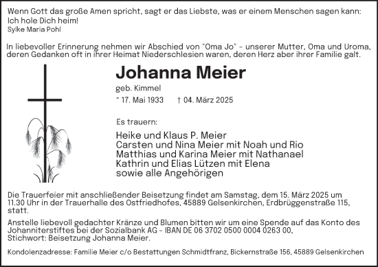 Traueranzeige von Johanna Meier von Tageszeitung
