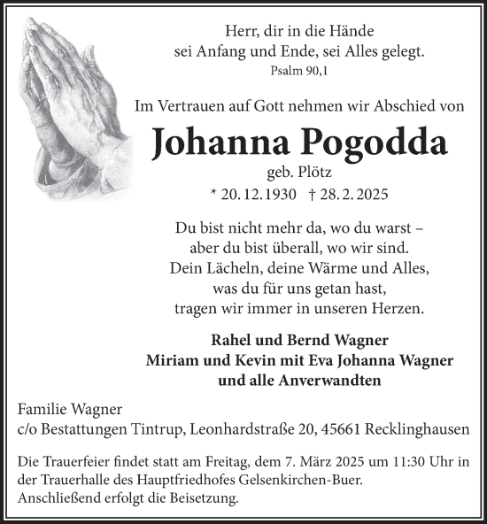 Traueranzeige von Johanna Pogodda von Tageszeitung
