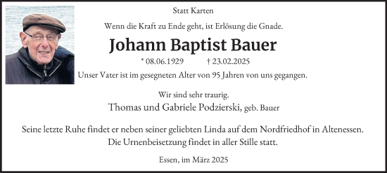 Traueranzeige von Johann Baptist Bauer von Tageszeitung
