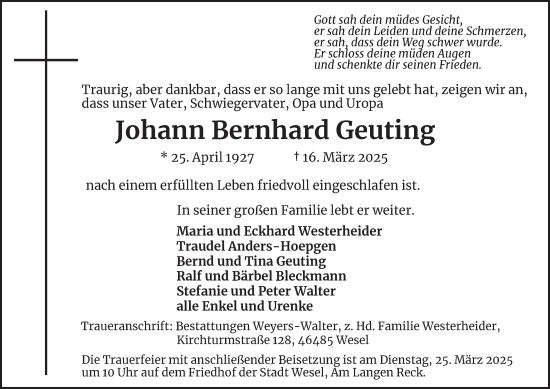 Traueranzeige von Johann Bernhard Geuting von Tageszeitung
