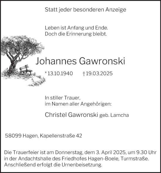 Traueranzeige von Johannes Gawronski von Tageszeitung