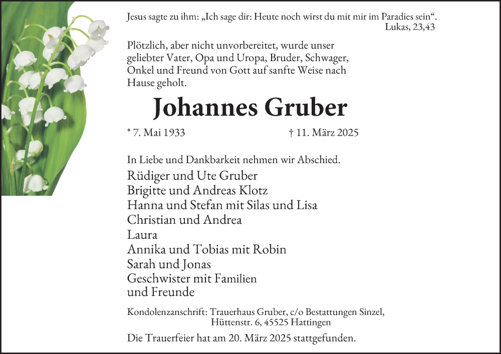  Traueranzeige für Johannes Gruber vom 22.03.2025 aus Tageszeitung