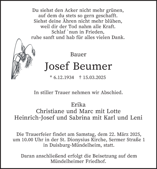 Traueranzeige von Josef Beumer von Tageszeitung