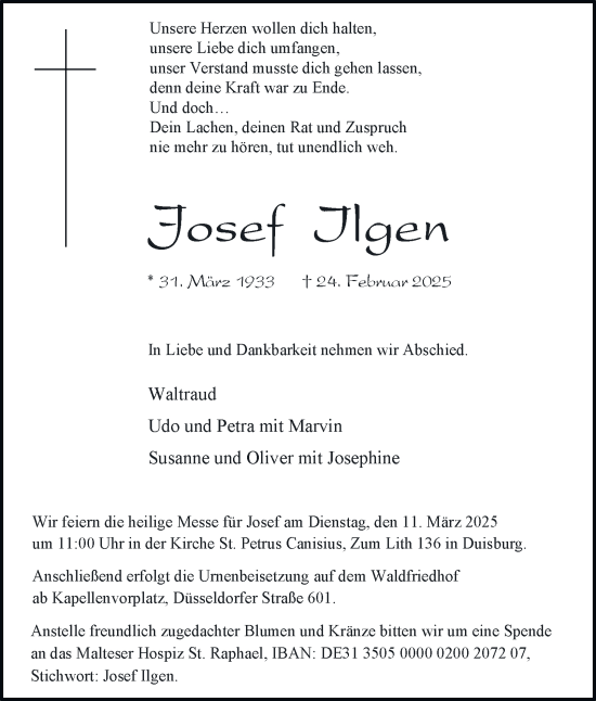 Traueranzeige von Josef Ilgen von Tageszeitung
