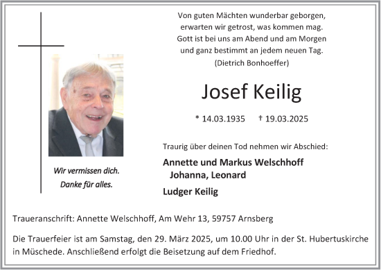 Traueranzeige von Josef Keilig von Tageszeitung