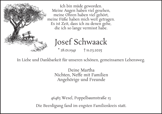 Traueranzeige von Josef Schwaack von Tageszeitung