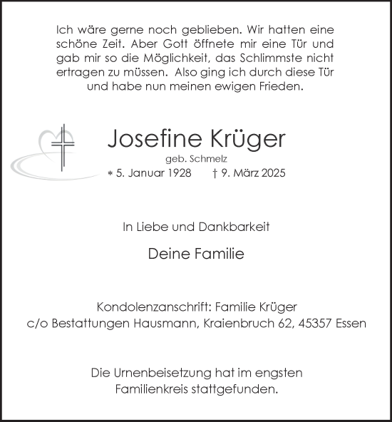Traueranzeige von Josefine Krüger von Tageszeitung