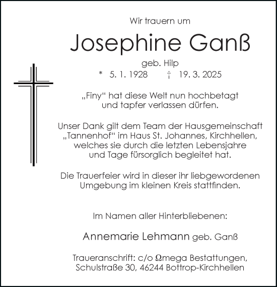 Traueranzeige von Josephine Ganß von Tageszeitung