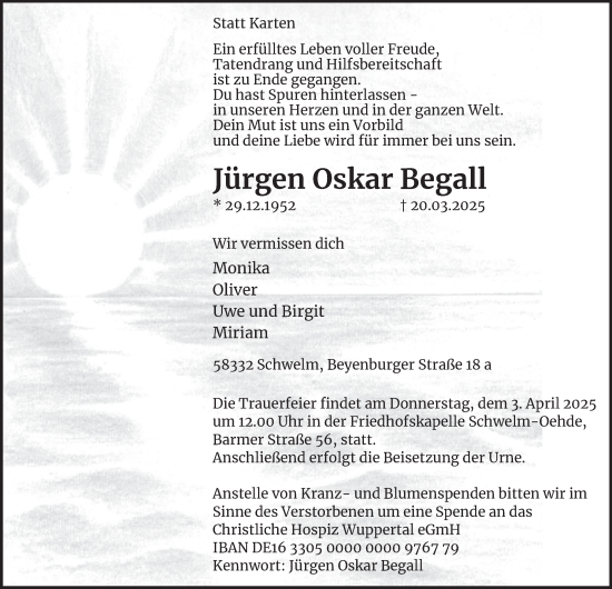 Traueranzeige von Jürgen Oskar Begall von Tageszeitung