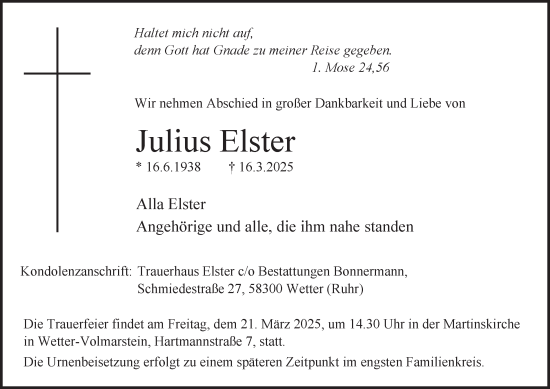 Traueranzeige von Julius Elster von Tageszeitung