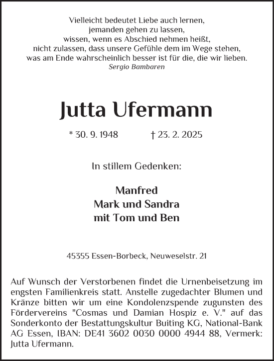 Traueranzeige von Jutta Ufermann von Tageszeitung