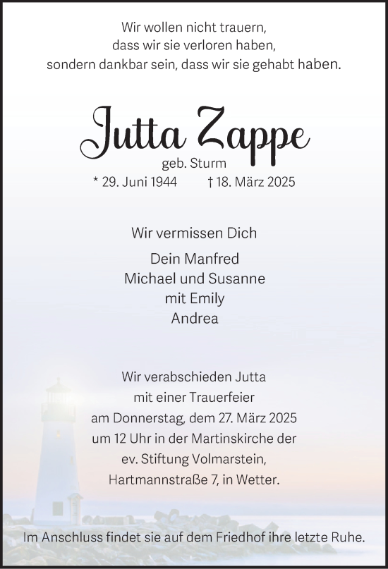 Traueranzeige von Jutta Zappe von Tageszeitung