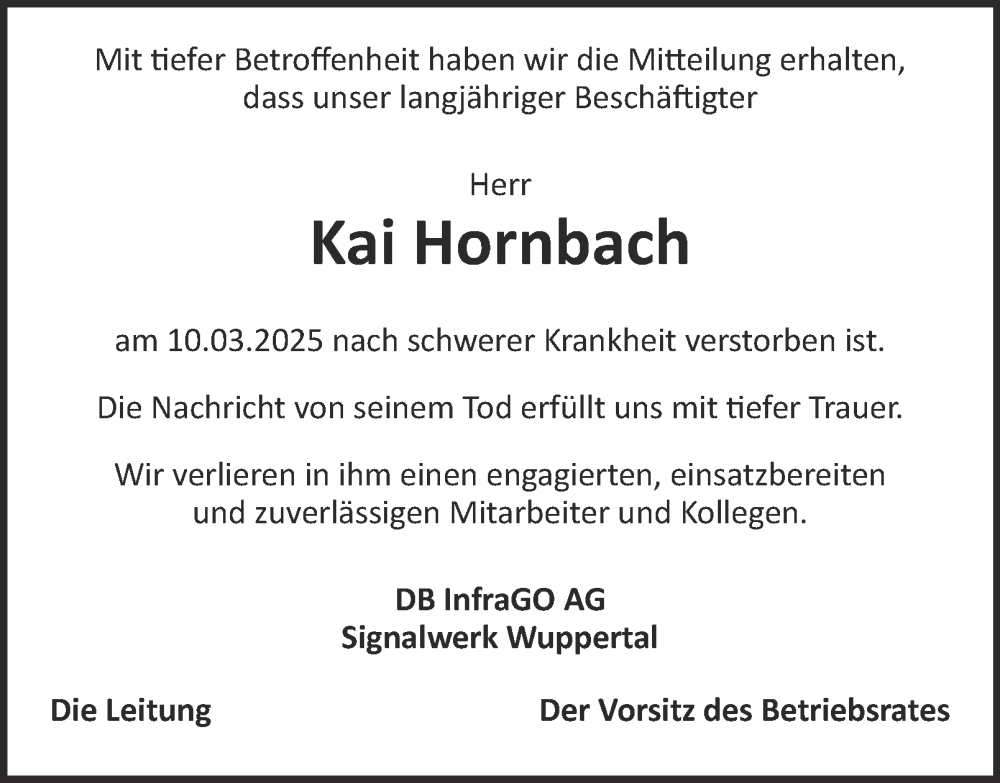  Traueranzeige für Kai Hornbach vom 29.03.2025 aus Tageszeitung