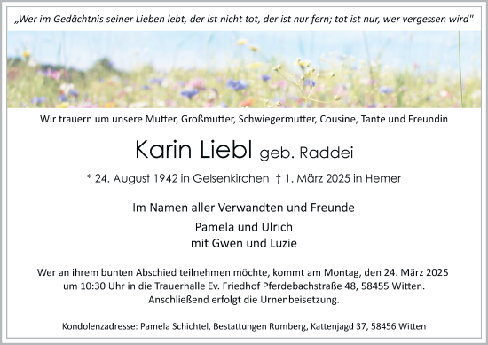 Traueranzeige von Karin Liebl von Tageszeitung