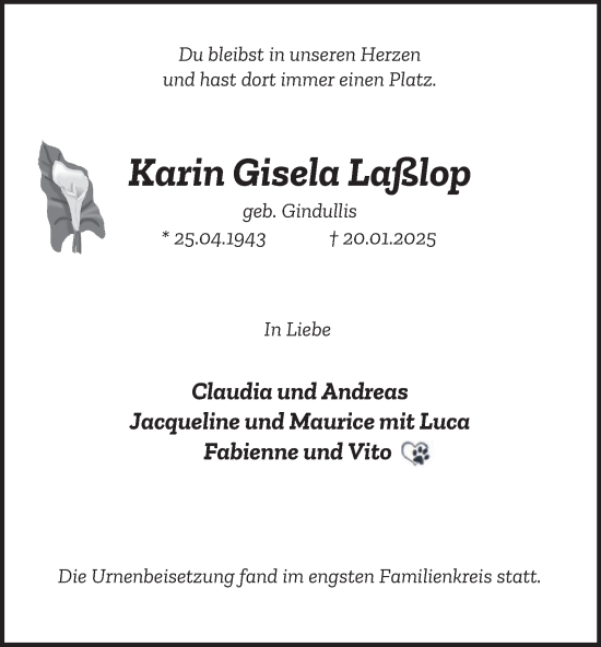 Traueranzeige von Karin Gisela Laßlop von Tageszeitung