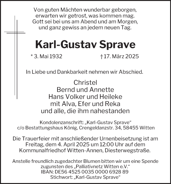 Traueranzeige von Karl-Gustav Sprave von Tageszeitung