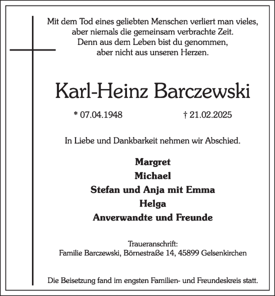 Traueranzeige von Karl-Heinz Barczewski von Tageszeitung