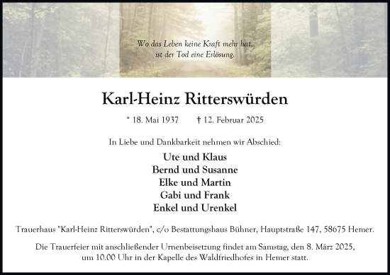 Traueranzeige von Karl-Heinz Ritterswürden von Tageszeitung