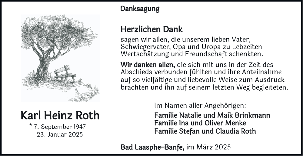  Traueranzeige für Karl Heinz Roth vom 15.03.2025 aus Tageszeitung