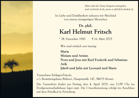 Traueranzeige von Karl Helmut Fritsch von Tageszeitung