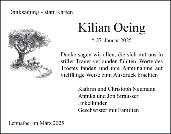 Traueranzeige von Kilian Oeing von Tageszeitung